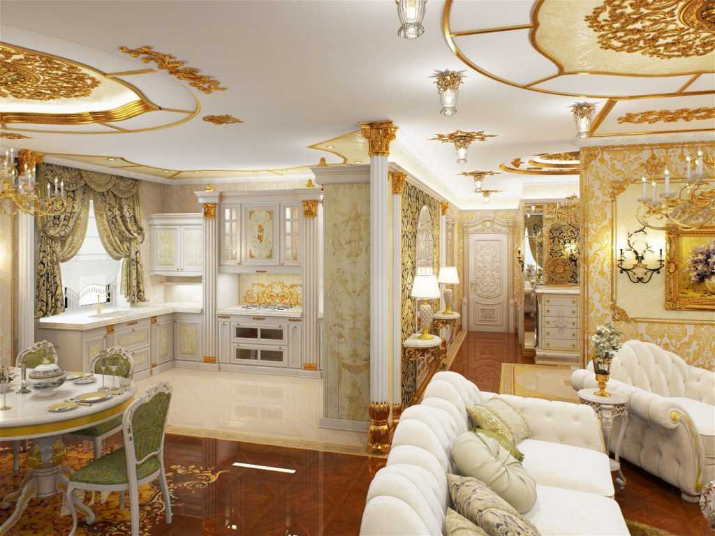Кухни в стиле барокко, с гостиной, мебель, декорирование, фото в интерьере