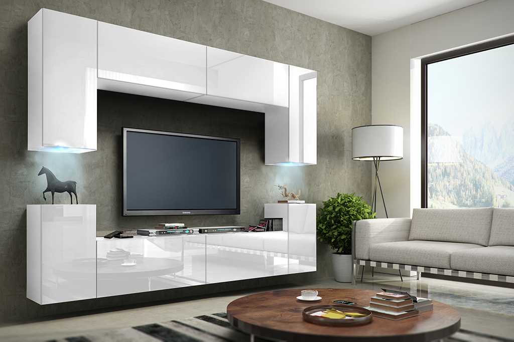 Стенка в гостиную в современном стиле, классическая белая глянцевая стенка в гостиную под телевизор